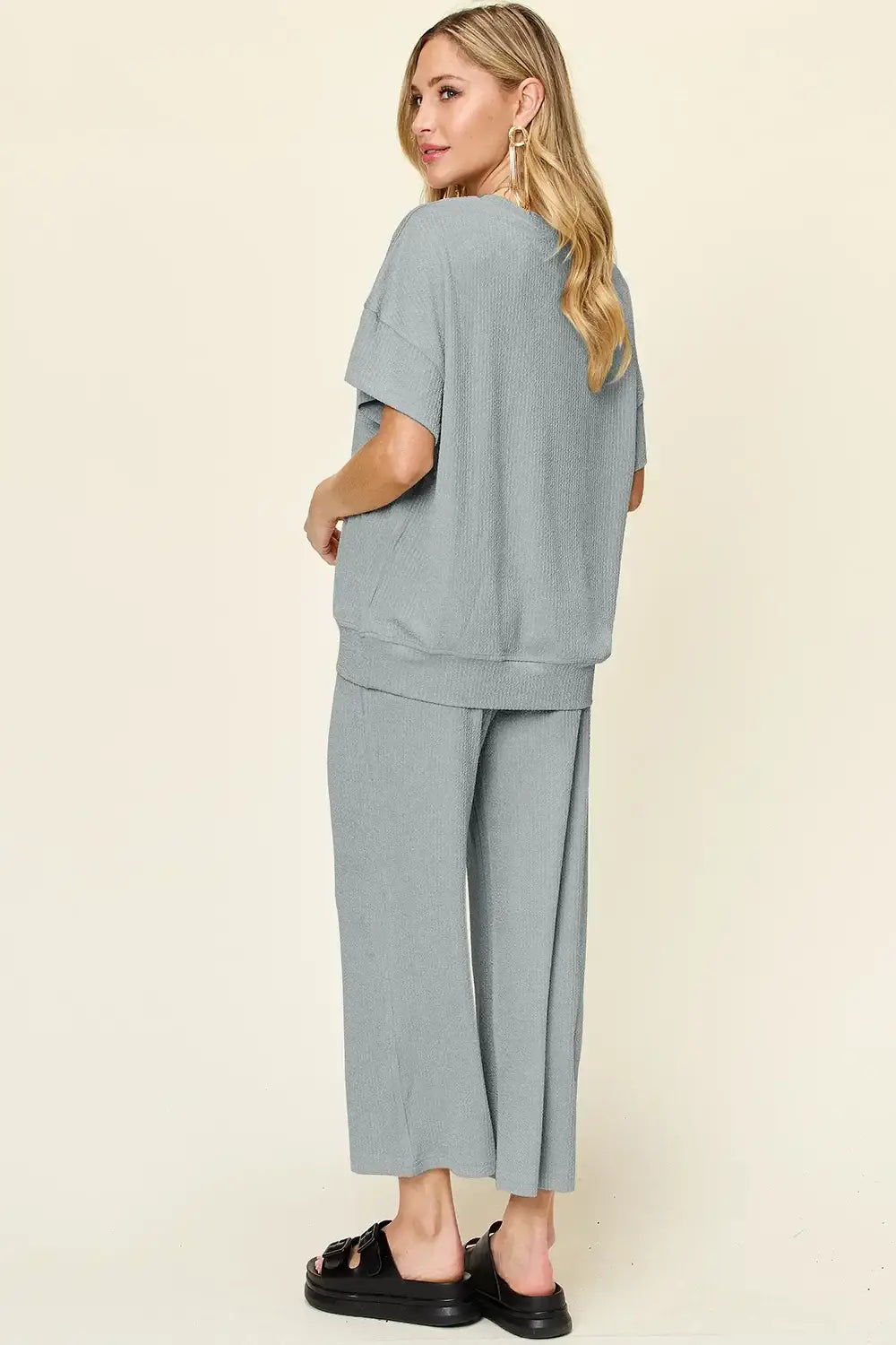 Double Take Full Size Texture Round Neck Short Sleeve T-Shirt and Wide Leg Pants - T-Shirt and Wide Leg Pants