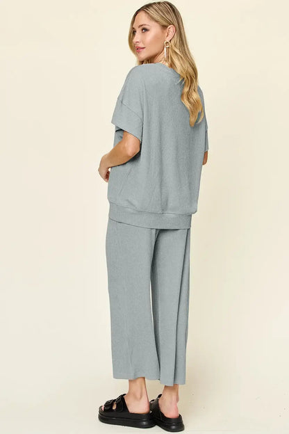 Double Take Full Size Texture Round Neck Short Sleeve T-Shirt and Wide Leg Pants - T-Shirt and Wide Leg Pants