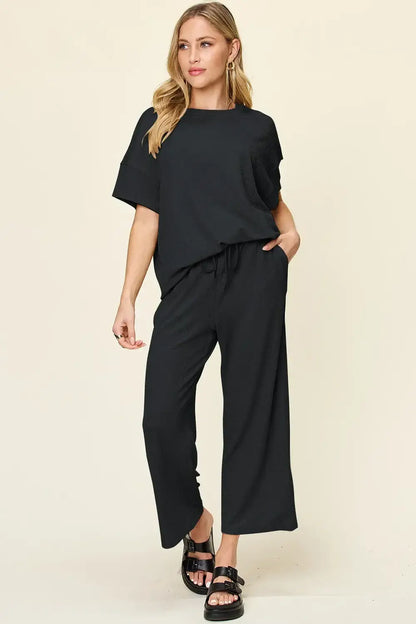Double Take Full Size Texture Round Neck Short Sleeve T-Shirt and Wide Leg Pants - Black / S - T-Shirt and Wide Leg