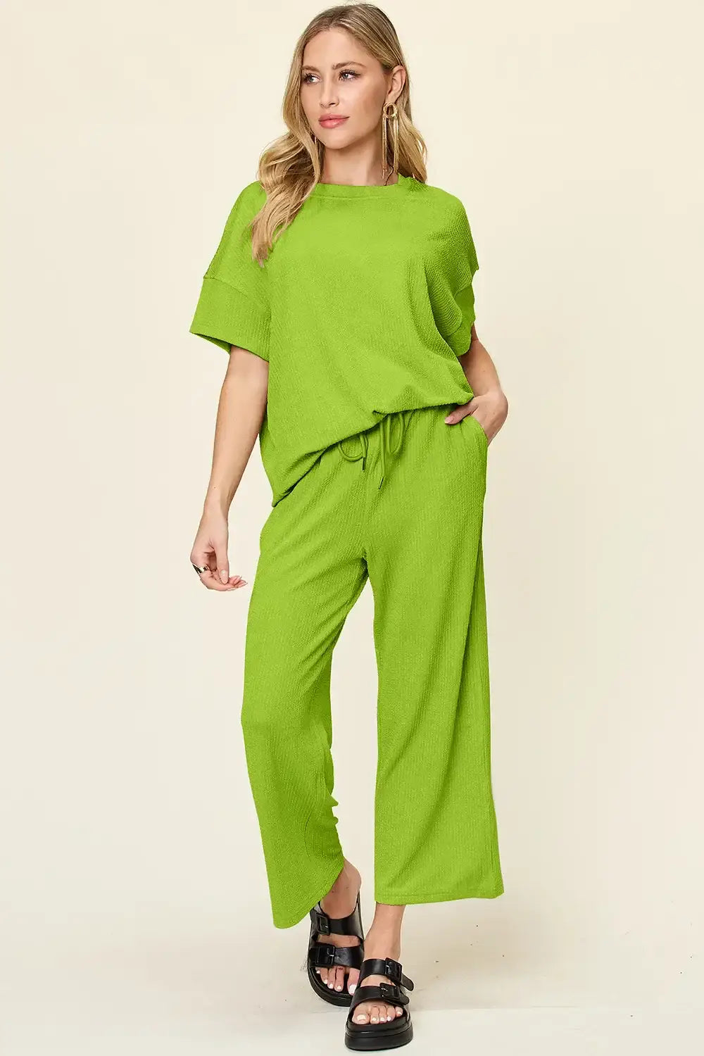 Double Take Full Size Texture Round Neck Short Sleeve T-Shirt and Wide Leg Pants - Lime / S - T-Shirt and Wide Leg Pants