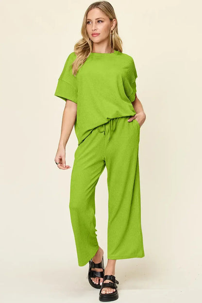 Double Take Full Size Texture Round Neck Short Sleeve T-Shirt and Wide Leg Pants - Lime / S - T-Shirt and Wide Leg Pants