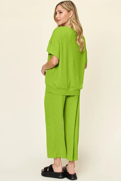 Double Take Full Size Texture Round Neck Short Sleeve T-Shirt and Wide Leg Pants - T-Shirt and Wide Leg Pants