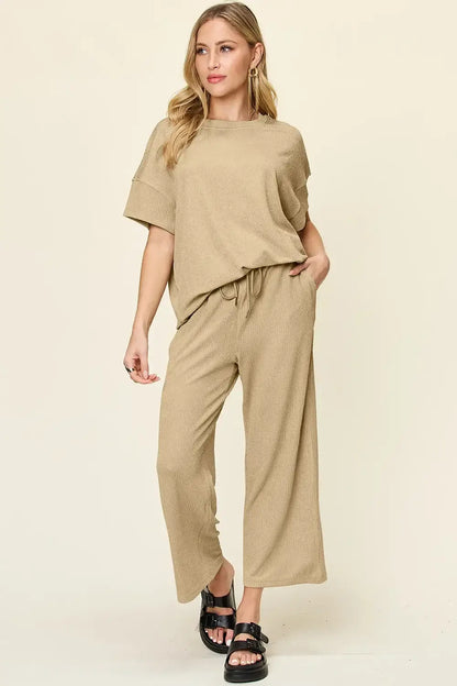 Double Take Full Size Texture Round Neck Short Sleeve T-Shirt and Wide Leg Pants - Khaki / S - T-Shirt and Wide Leg