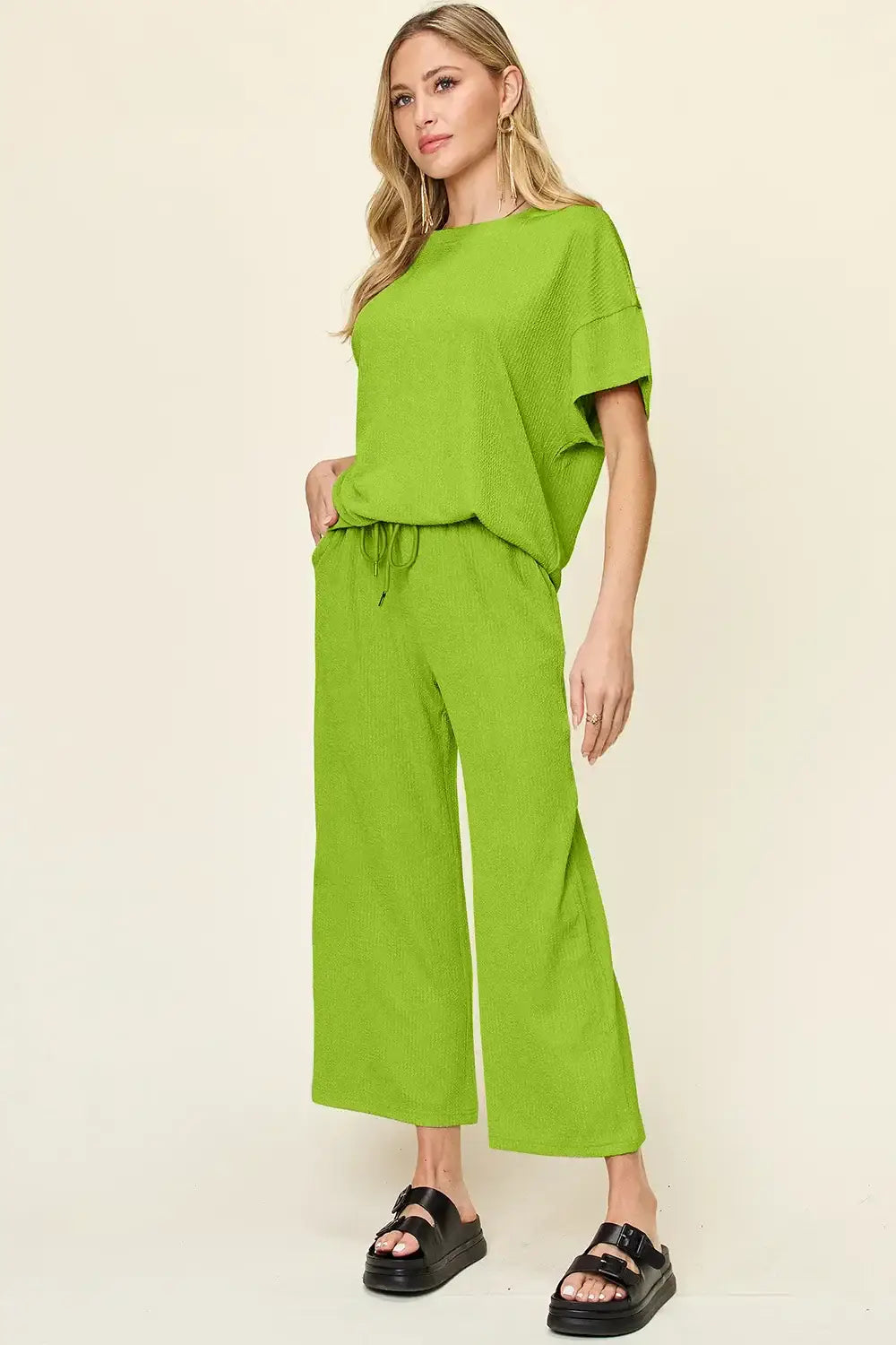 Double Take Full Size Texture Round Neck Short Sleeve T-Shirt and Wide Leg Pants - T-Shirt and Wide Leg Pants