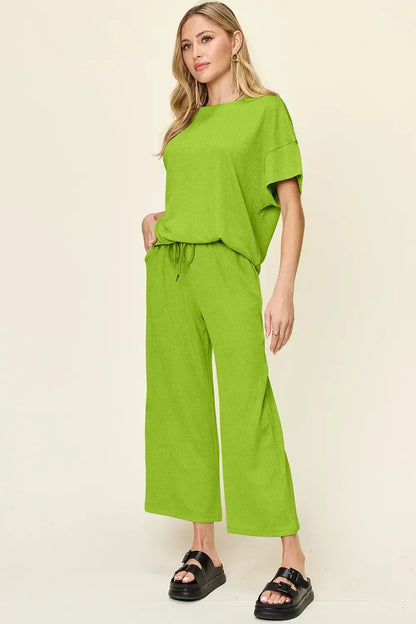 Double Take Full Size Texture Round Neck Short Sleeve T-Shirt and Wide Leg Pants - T-Shirt and Wide Leg Pants