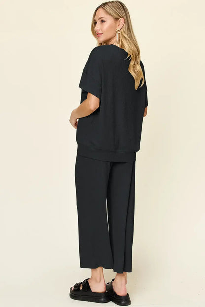 Double Take Full Size Texture Round Neck Short Sleeve T-Shirt and Wide Leg Pants - T-Shirt and Wide Leg Pants