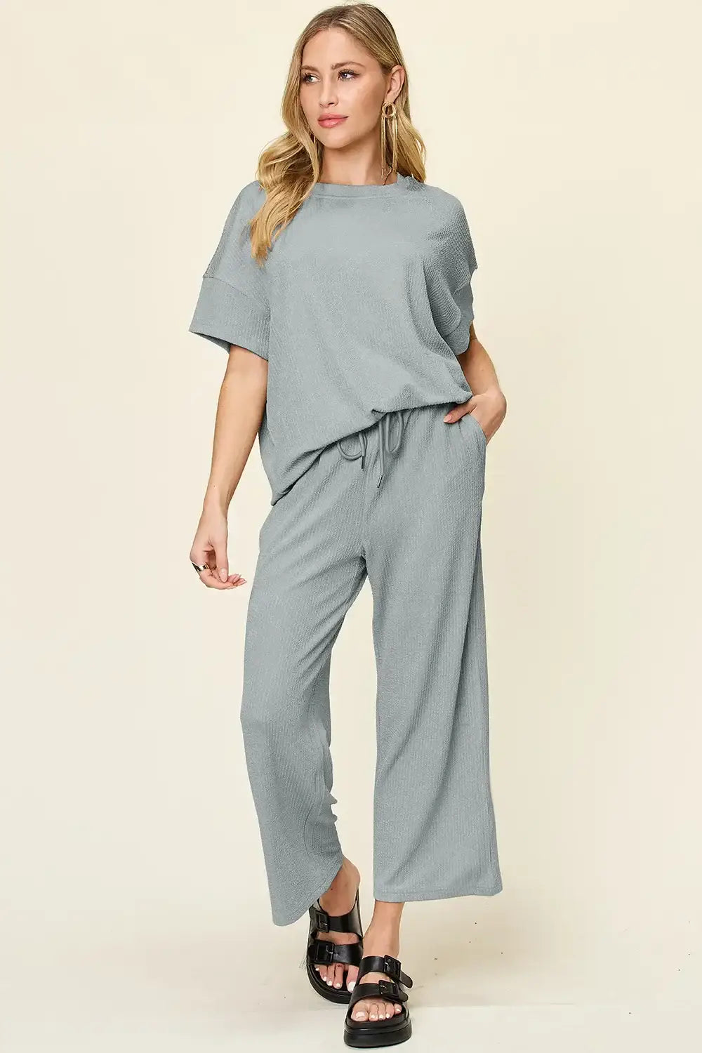 Double Take Full Size Texture Round Neck Short Sleeve T-Shirt and Wide Leg Pants - T-Shirt and Wide Leg Pants