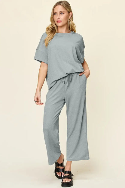 Double Take Full Size Texture Round Neck Short Sleeve T-Shirt and Wide Leg Pants - T-Shirt and Wide Leg Pants