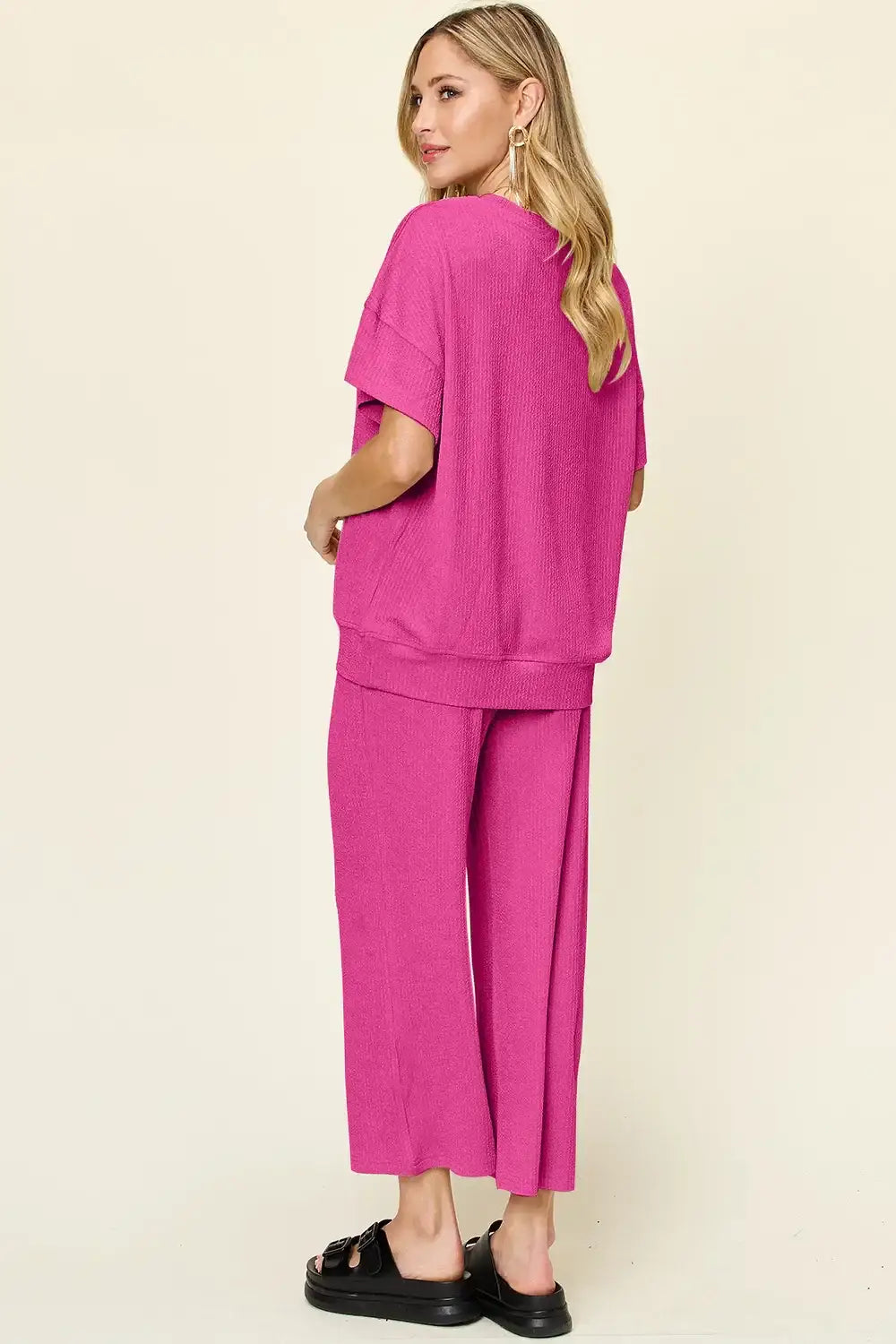 Double Take Full Size Texture Round Neck Short Sleeve T-Shirt and Wide Leg Pants - T-Shirt and Wide Leg Pants
