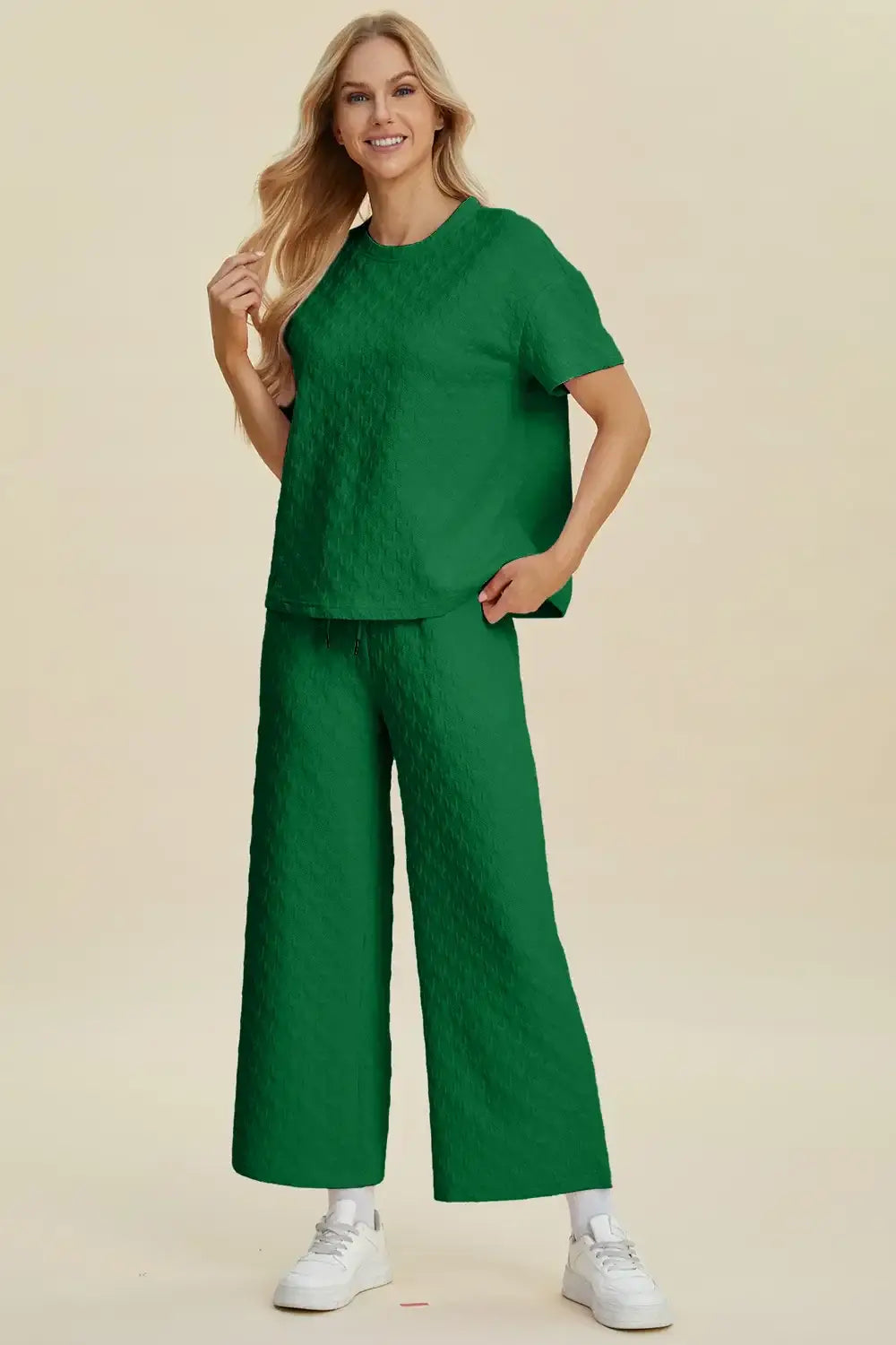 Double Take Full Size Texture Round Neck Short Sleeve Top and Pants Set - Short Sleeve Top and Pants Set