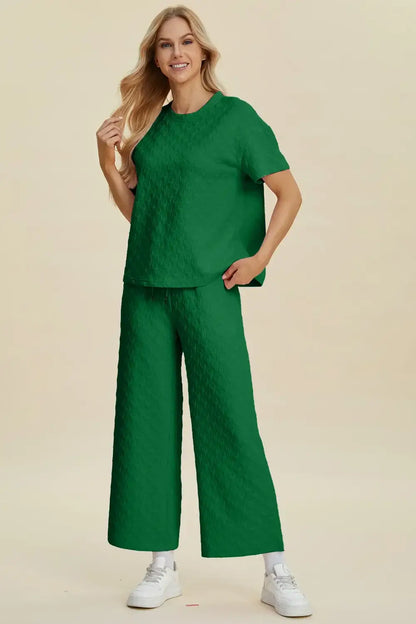 Double Take Full Size Texture Round Neck Short Sleeve Top and Pants Set - Short Sleeve Top and Pants Set