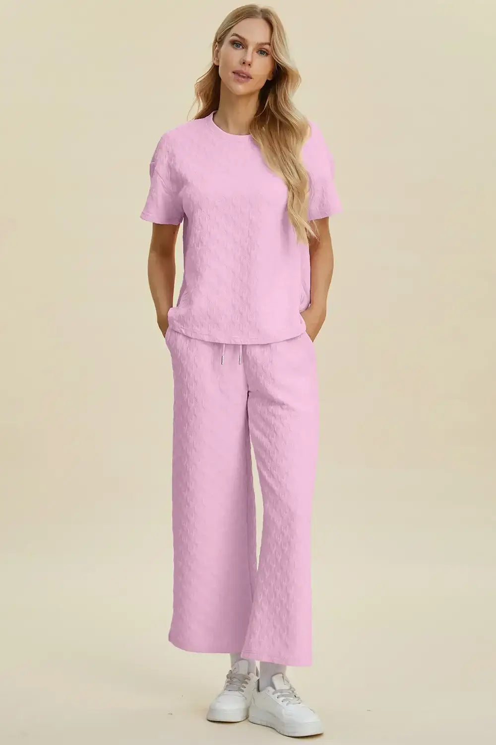 Double Take Full Size Texture Round Neck Short Sleeve Top and Pants Set - Short Sleeve Top and Pants Set