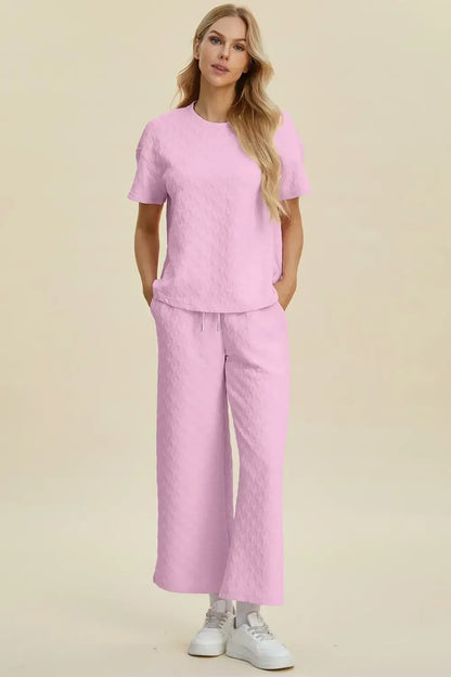Double Take Full Size Texture Round Neck Short Sleeve Top and Pants Set - Short Sleeve Top and Pants Set