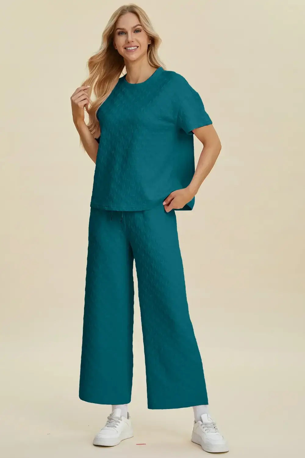 Double Take Full Size Texture Round Neck Short Sleeve Top and Pants Set - Short Sleeve Top and Pants Set