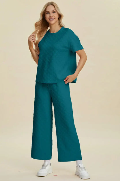 Double Take Full Size Texture Round Neck Short Sleeve Top and Pants Set - Short Sleeve Top and Pants Set