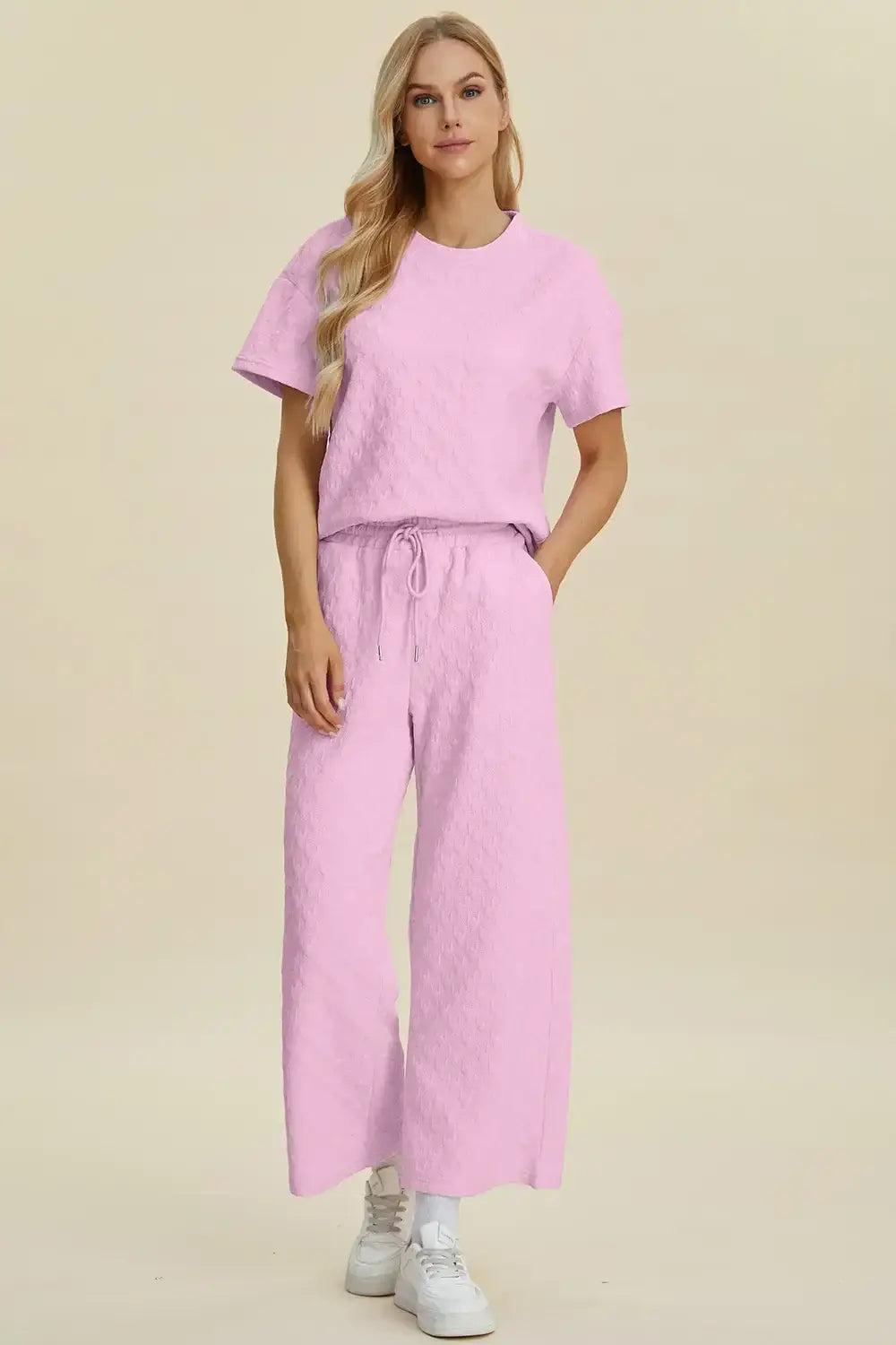 Double Take Full Size Texture Round Neck Short Sleeve Top and Pants Set - Pink / S - Short Sleeve Top and Pants Set