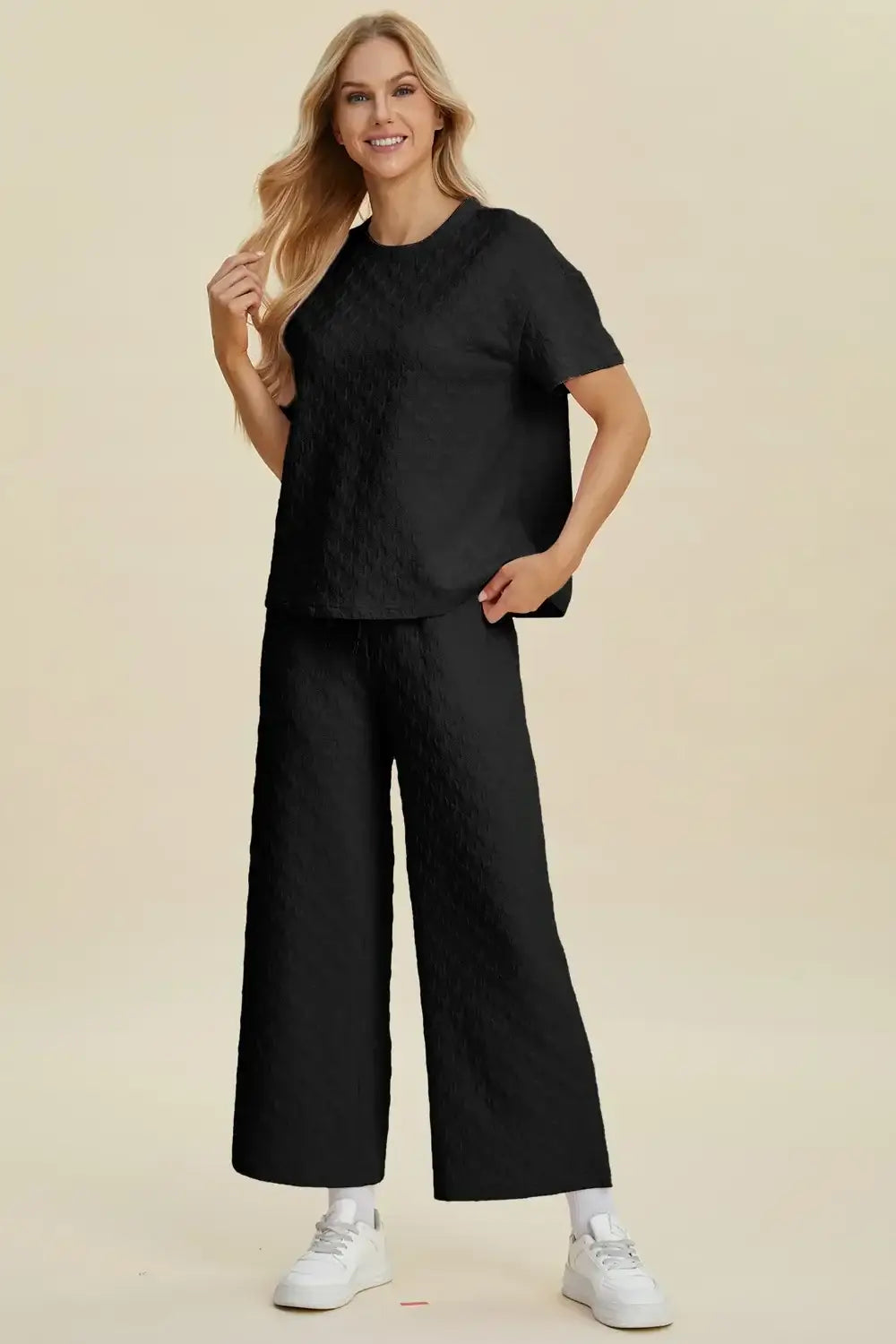 Double Take Full Size Texture Round Neck Short Sleeve Top and Pants Set - Short Sleeve Top and Pants Set
