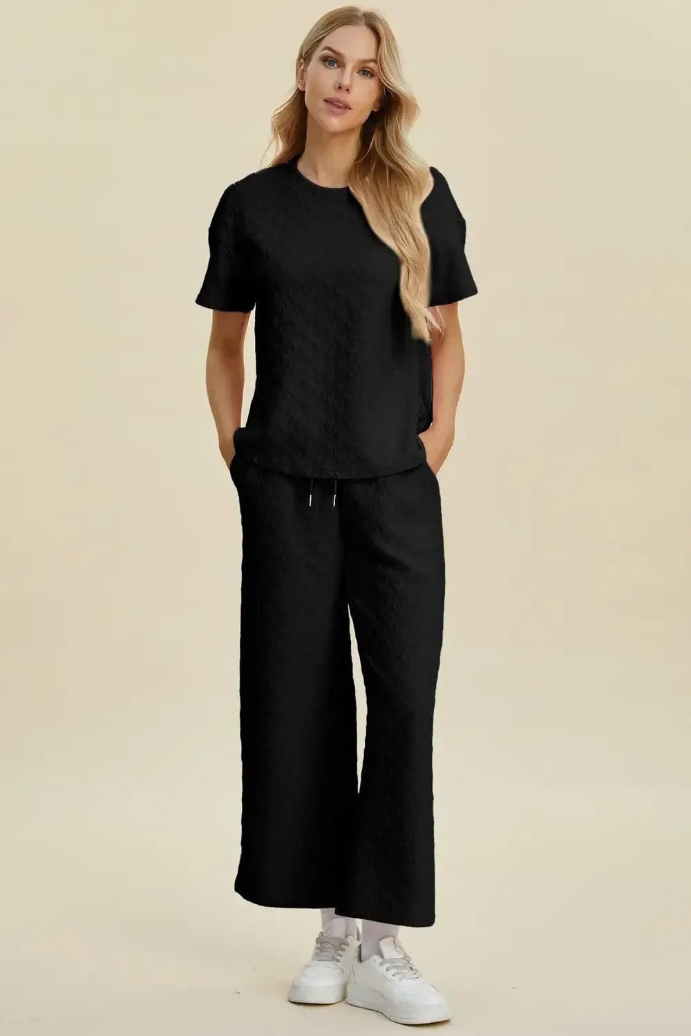 Double Take Full Size Texture Round Neck Short Sleeve Top and Pants Set - Black / S - Short Sleeve Top and Pants Set