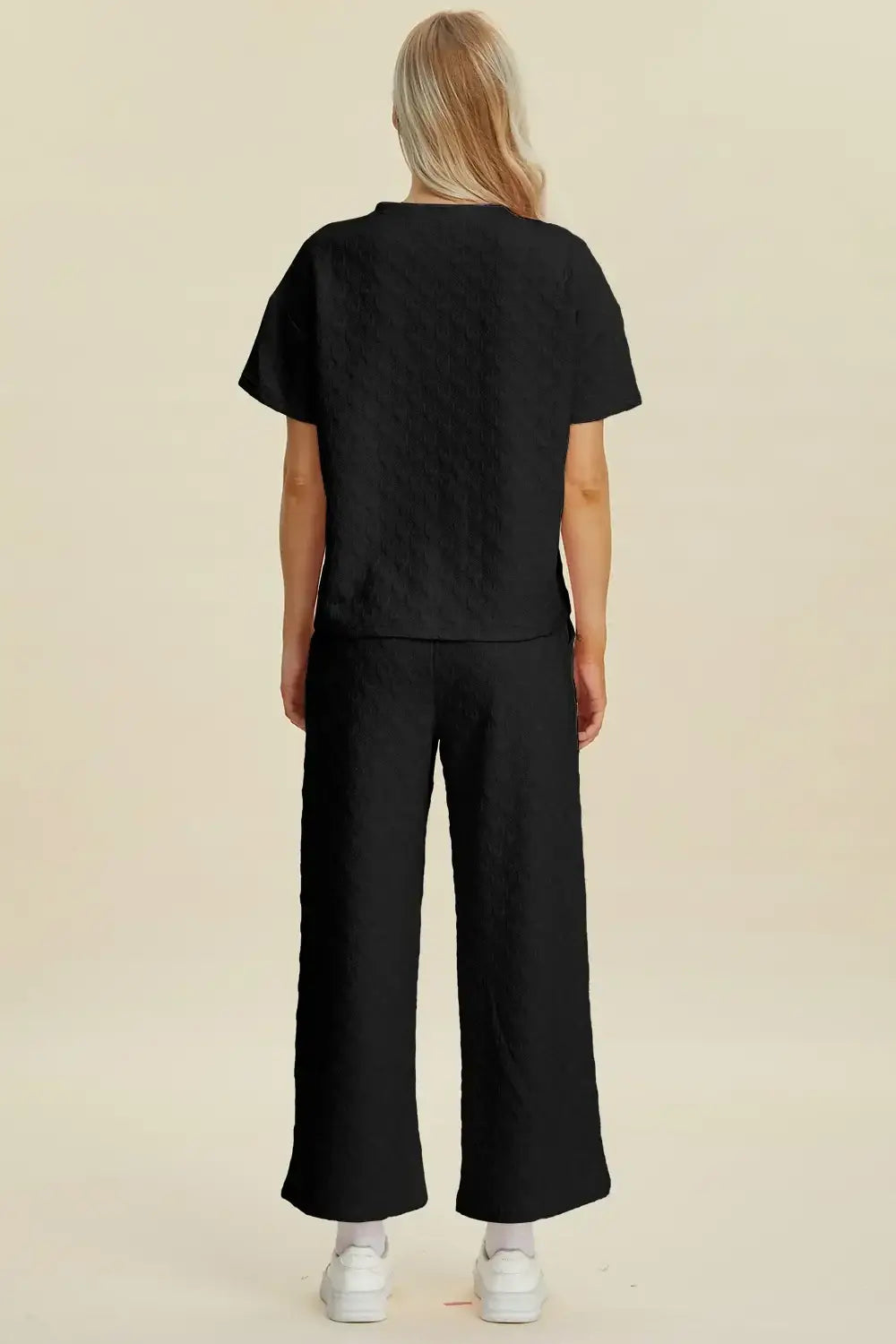 Double Take Full Size Texture Round Neck Short Sleeve Top and Pants Set - Short Sleeve Top and Pants Set