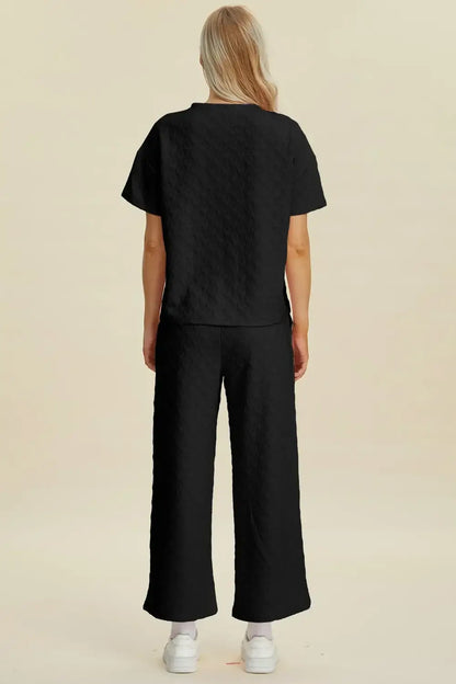 Double Take Full Size Texture Round Neck Short Sleeve Top and Pants Set - Short Sleeve Top and Pants Set