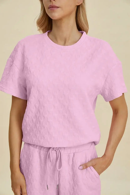 Double Take Full Size Texture Round Neck Short Sleeve Top and Pants Set - Short Sleeve Top and Pants Set