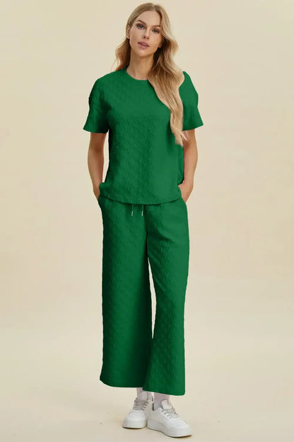 Double Take Full Size Texture Round Neck Short Sleeve Top and Pants Set - Dark Green / S - Short Sleeve Top and Pants
