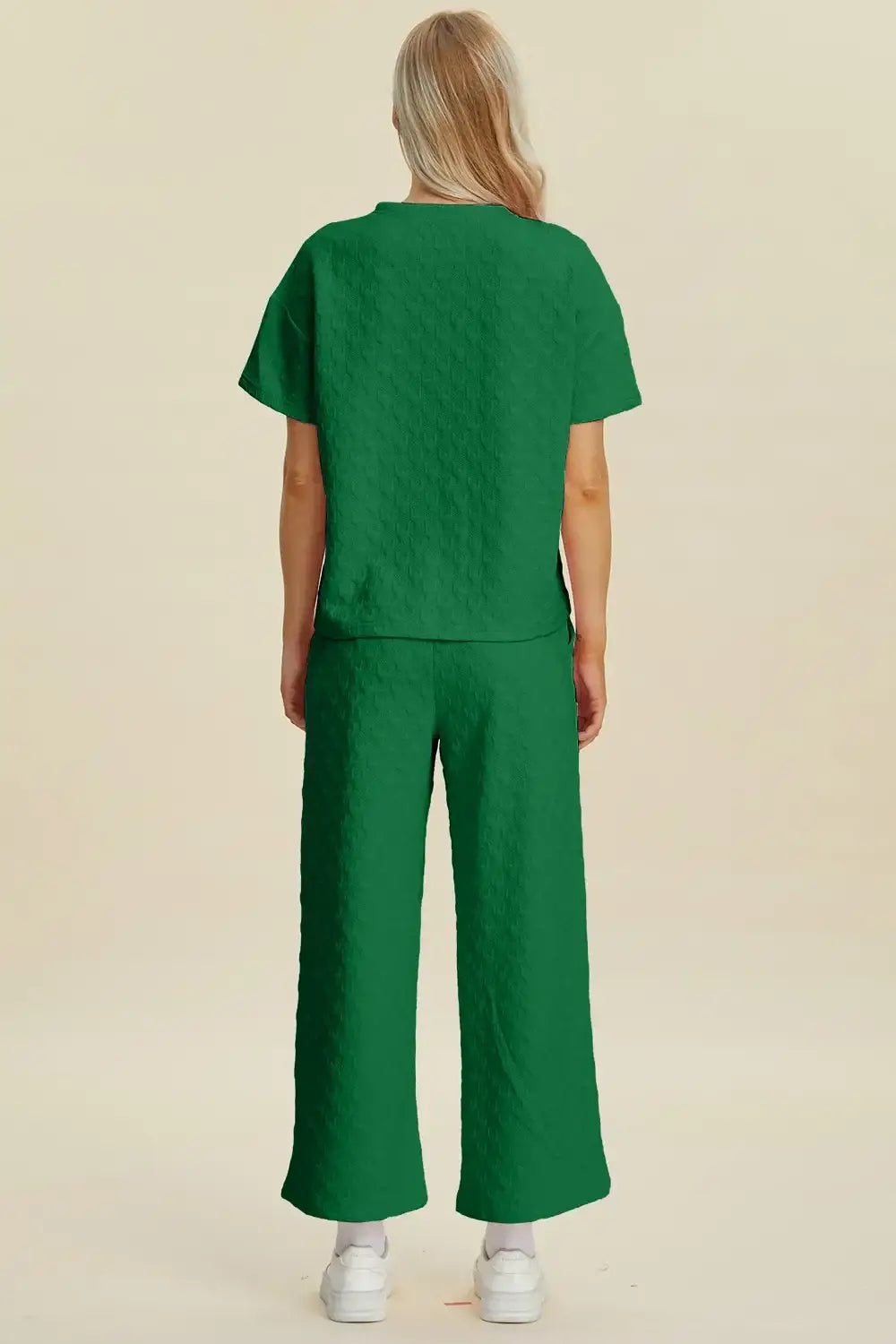 Double Take Full Size Texture Round Neck Short Sleeve Top and Pants Set - Short Sleeve Top and Pants Set