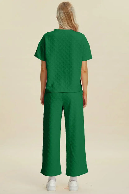 Double Take Full Size Texture Round Neck Short Sleeve Top and Pants Set - Short Sleeve Top and Pants Set