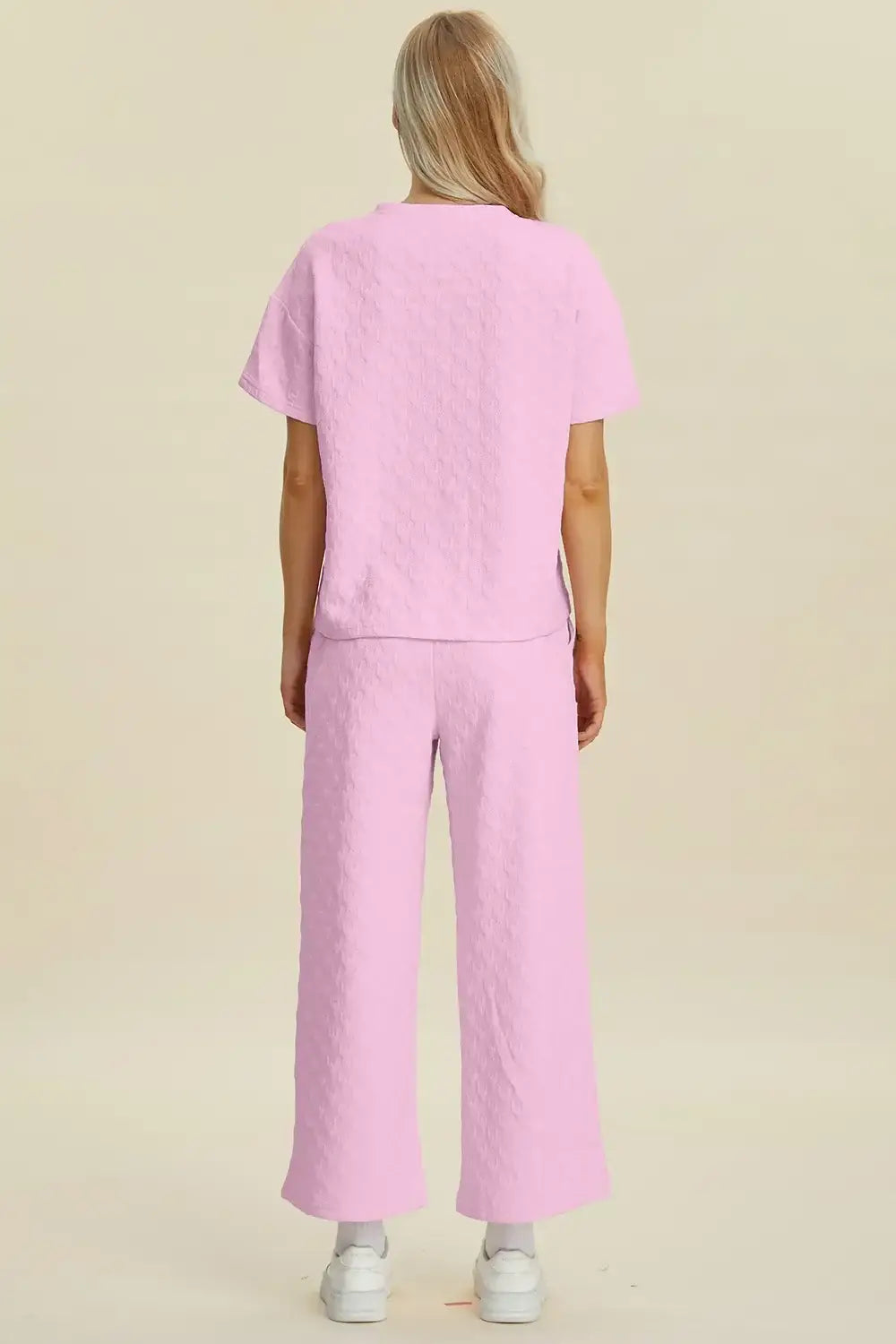 Double Take Full Size Texture Round Neck Short Sleeve Top and Pants Set - Short Sleeve Top and Pants Set