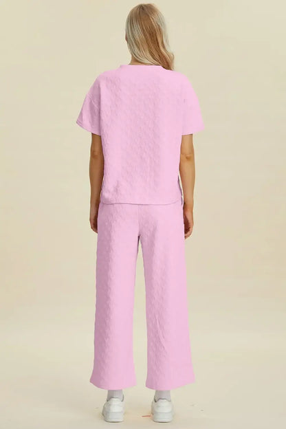 Double Take Full Size Texture Round Neck Short Sleeve Top and Pants Set - Short Sleeve Top and Pants Set