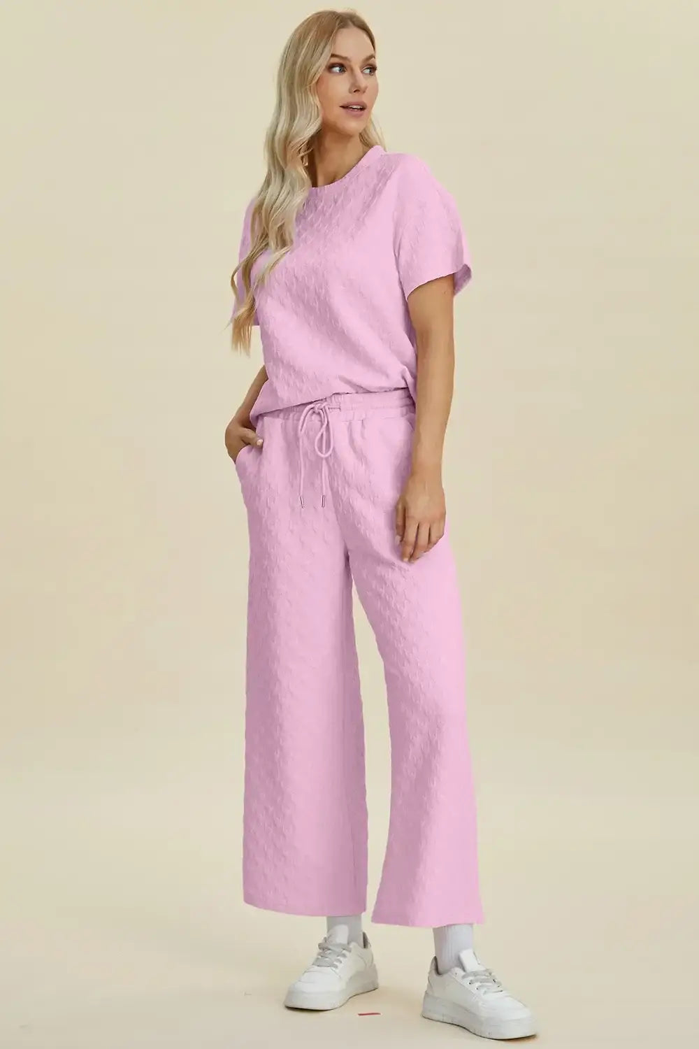 Double Take Full Size Texture Round Neck Short Sleeve Top and Pants Set - Short Sleeve Top and Pants Set