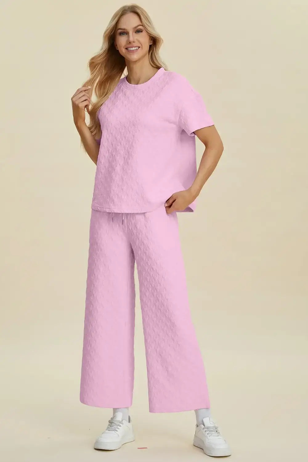 Double Take Full Size Texture Round Neck Short Sleeve Top and Pants Set - Short Sleeve Top and Pants Set