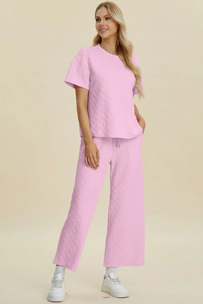 Double Take Full Size Texture Round Neck Short Sleeve Top and Pants Set - Short Sleeve Top and Pants Set