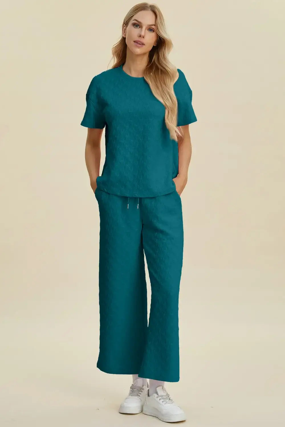 Double Take Full Size Texture Round Neck Short Sleeve Top and Pants Set - Cerulean / S - Short Sleeve Top and Pants Set