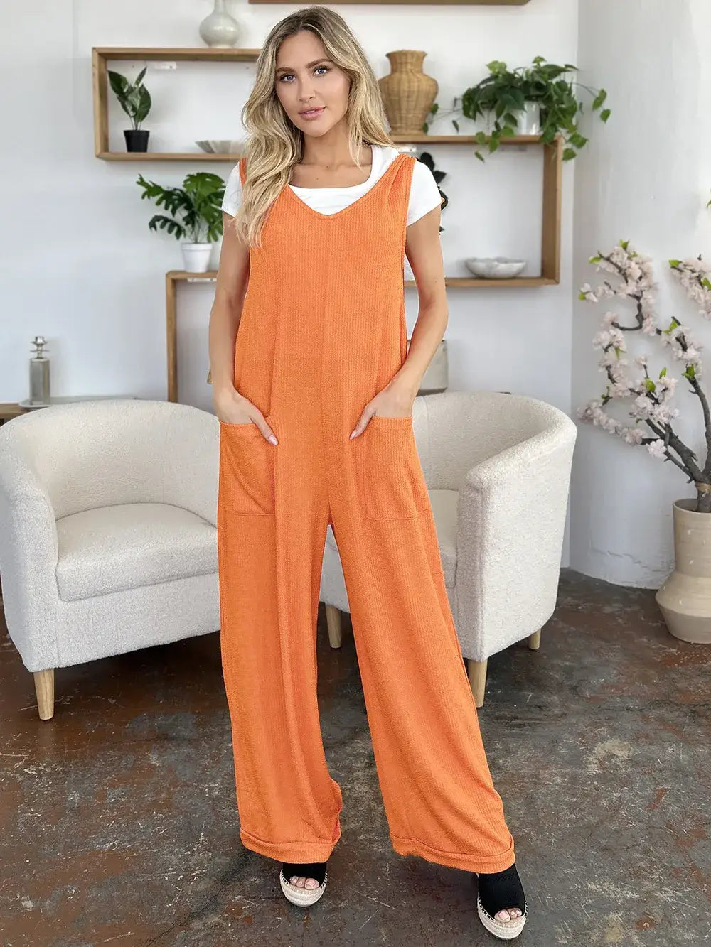 Double Take Full Size Texture Sleeveless Wide Leg Jumpsuit