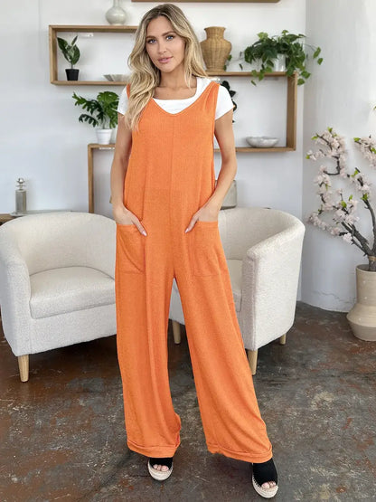 Double Take Full Size Texture Sleeveless Wide Leg Jumpsuit