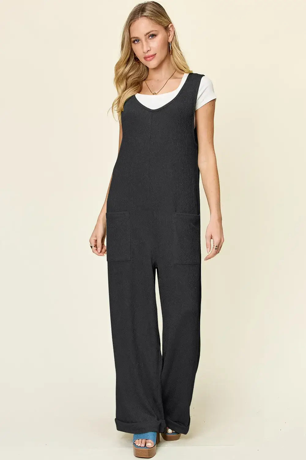 Double Take Full Size Texture Sleeveless Wide Leg Jumpsuit - Black / S