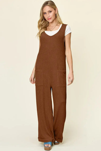 Double Take Full Size Texture Sleeveless Wide Leg Jumpsuit - Caramel / S
