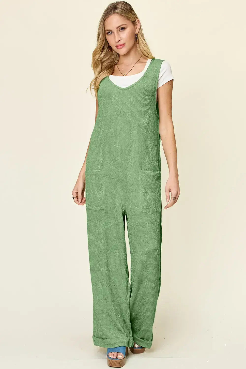 Double Take Full Size Texture Sleeveless Wide Leg Jumpsuit - Light Green / S