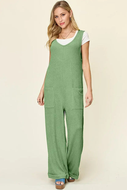 Double Take Full Size Texture Sleeveless Wide Leg Jumpsuit - Light Green / S