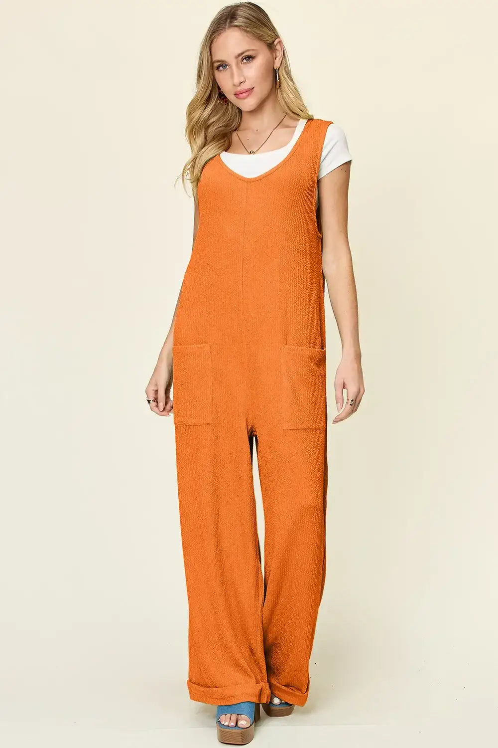 Double Take Full Size Texture Sleeveless Wide Leg Jumpsuit - Tangerine / S