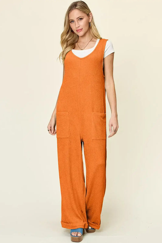 Double Take Full Size Texture Sleeveless Wide Leg Jumpsuit - Tangerine / S