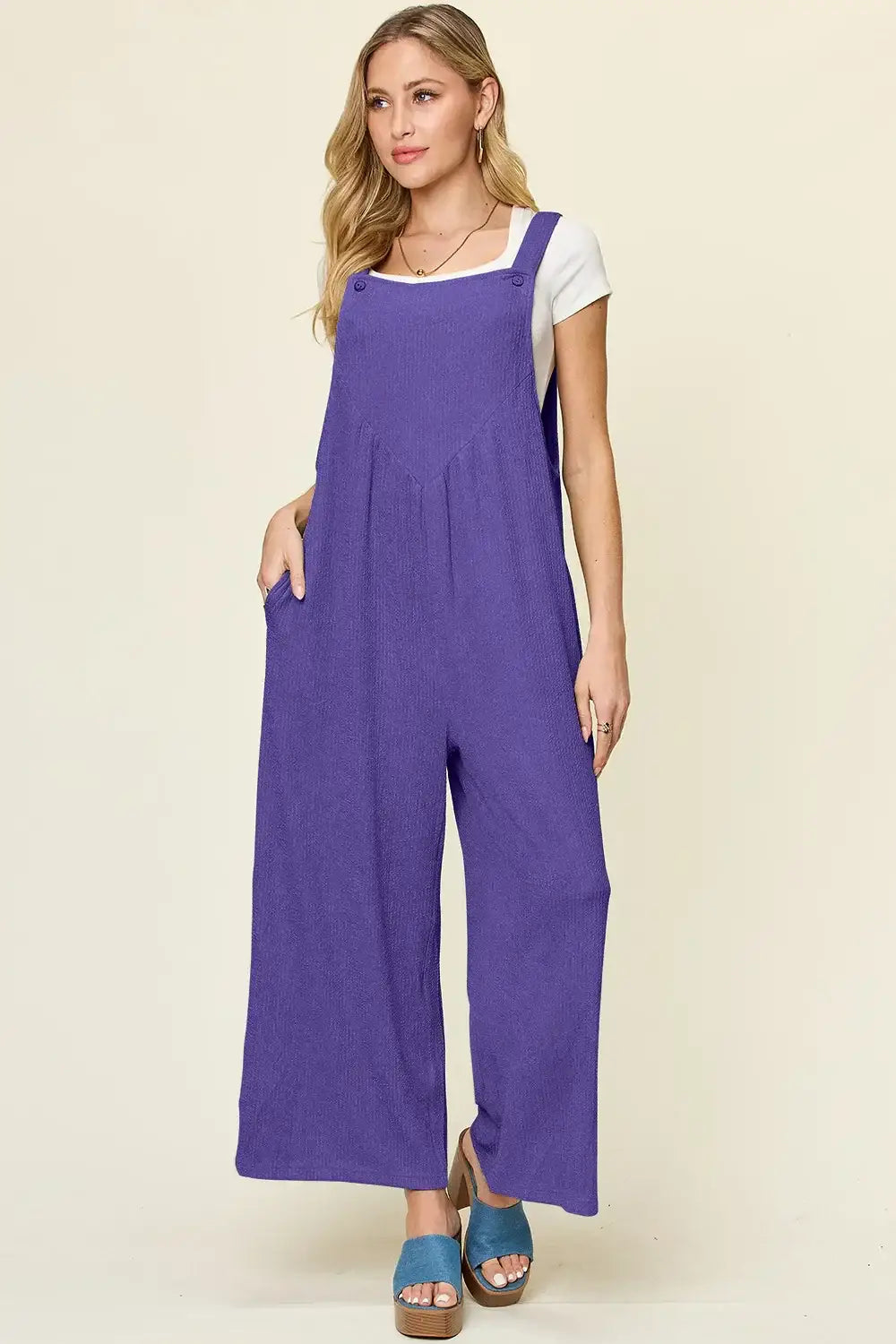 Double Take Full Size Texture Sleeveless Wide Leg Overall - Sleeveless Wide Leg Overall