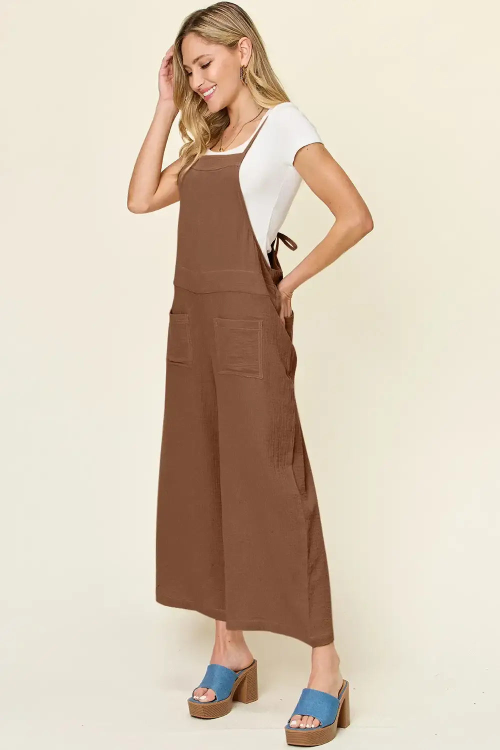 Double Take Full Size Texture Sleeveless Wide Leg Overall - Wide Leg Overall