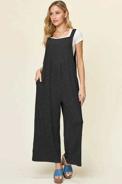 Double Take Full Size Texture Sleeveless Wide Leg Overall - Sleeveless Wide Leg Overall