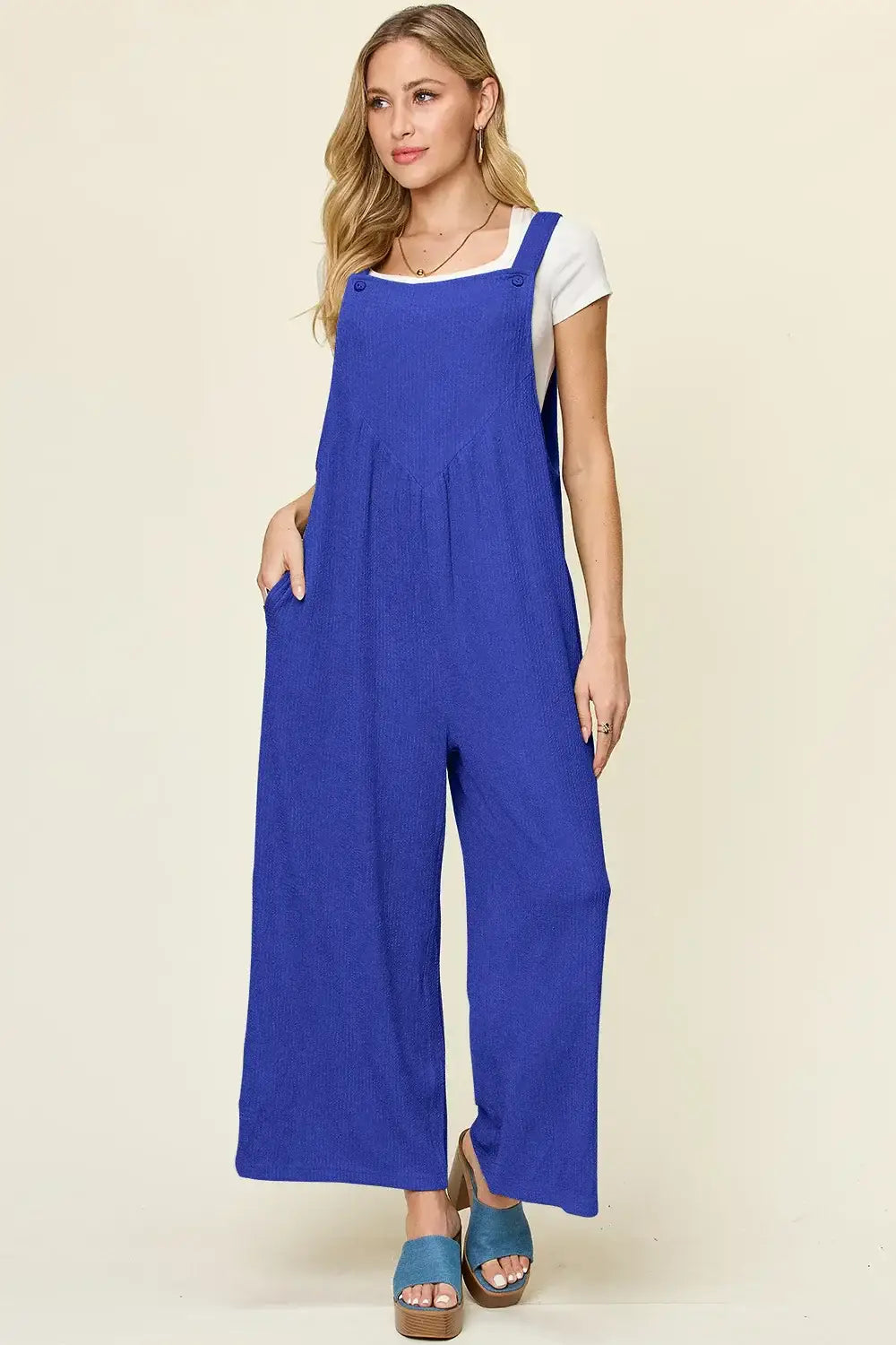 Double Take Full Size Texture Sleeveless Wide Leg Overall - Sleeveless Wide Leg Overall