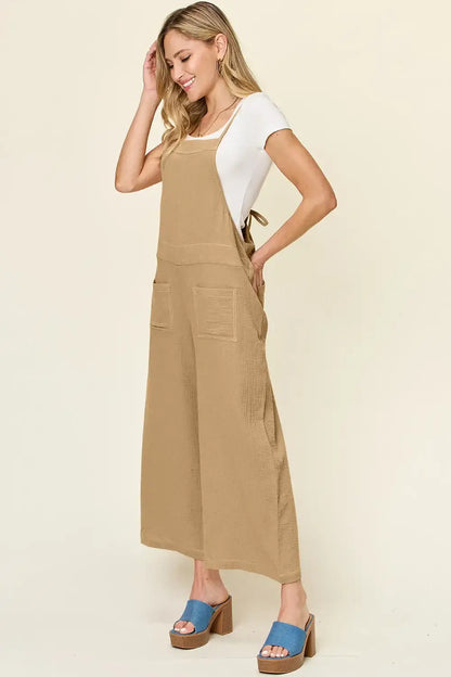 Double Take Full Size Texture Sleeveless Wide Leg Overall - Wide Leg Overall