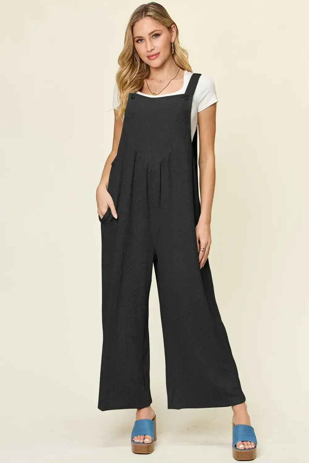 Double Take Full Size Texture Sleeveless Wide Leg Overall - Black / S - Sleeveless Wide Leg Overall