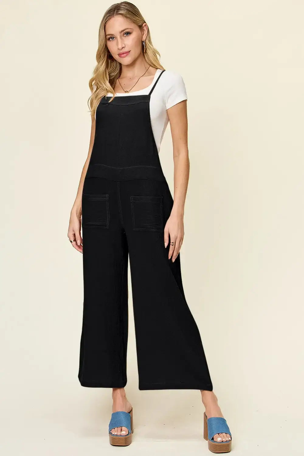 Double Take Full Size Texture Sleeveless Wide Leg Overall - Black / S - Wide Leg Overall