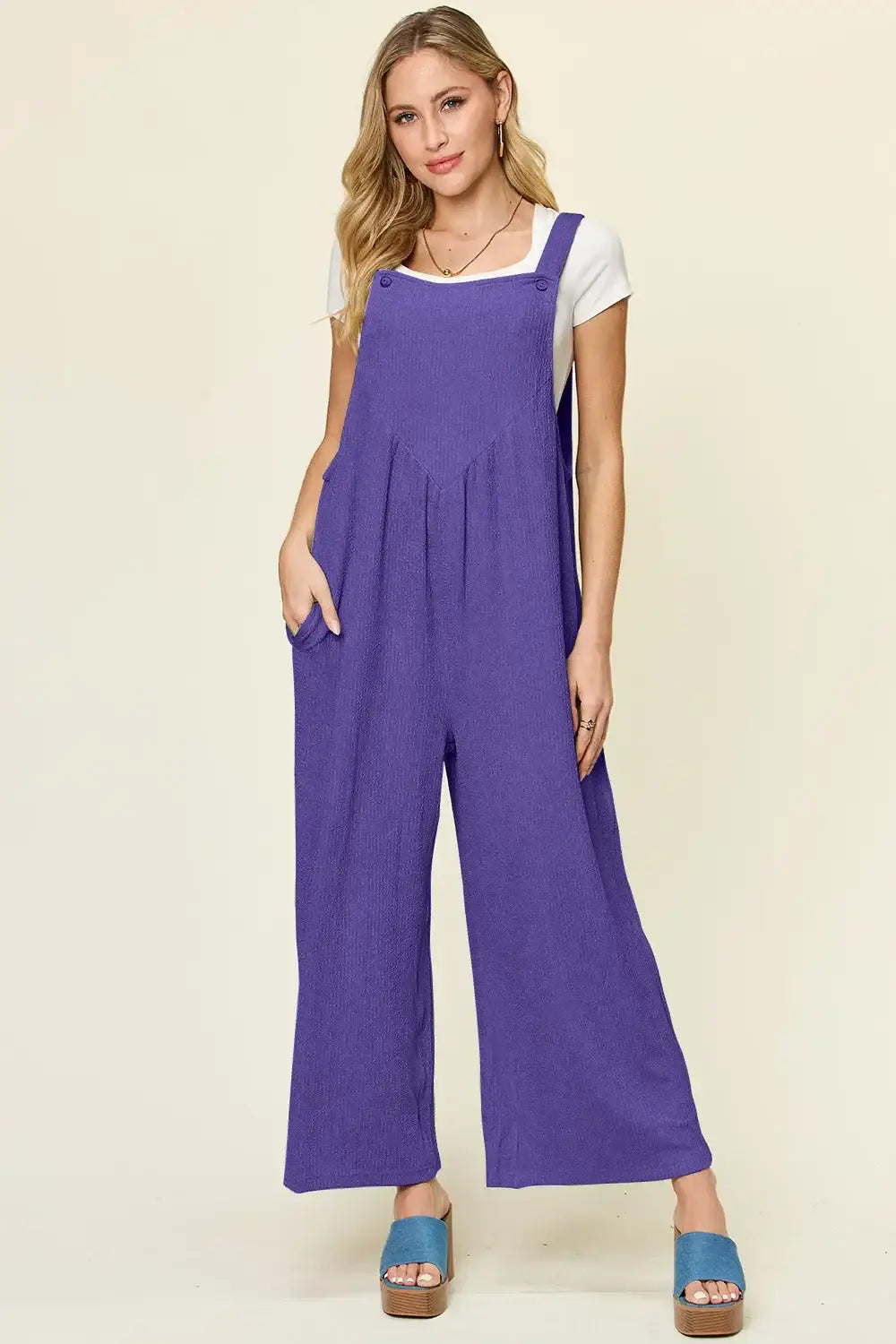 Double Take Full Size Texture Sleeveless Wide Leg Overall - Indigo / S - Sleeveless Wide Leg Overall